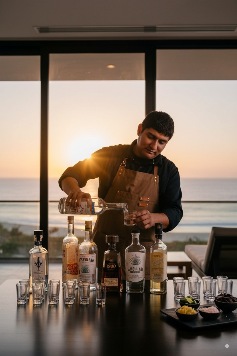 Luxury bar setting with tequila and agave