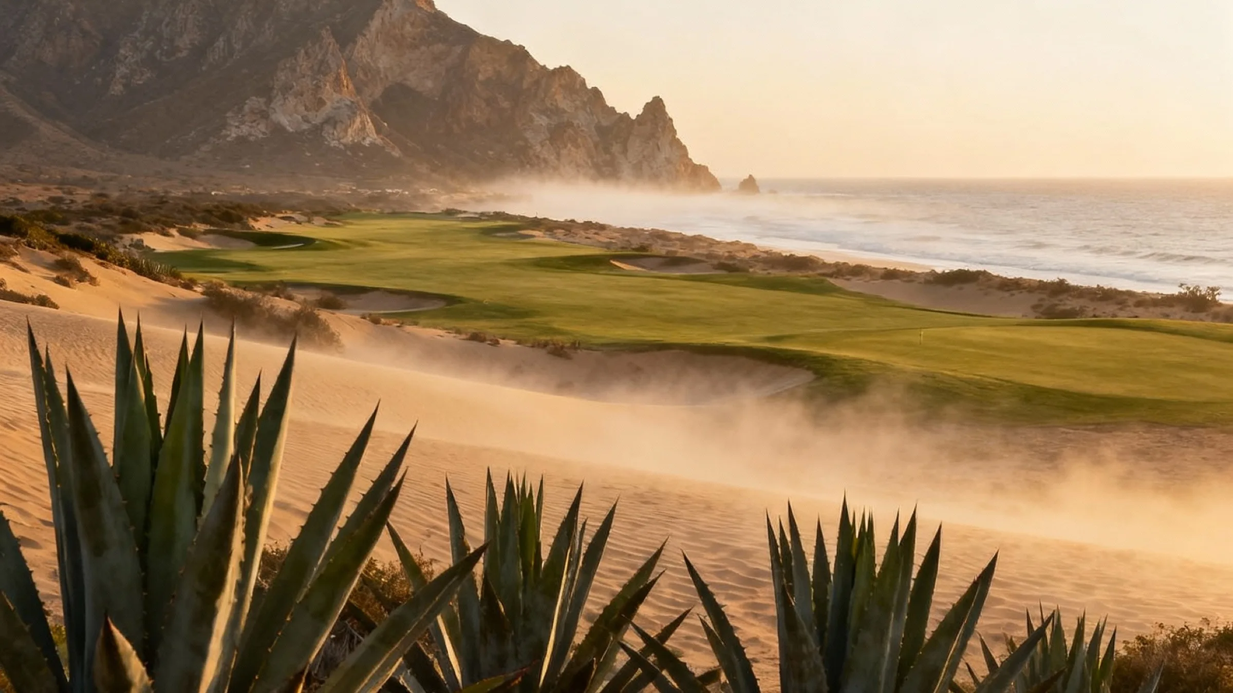 Los Cabos golf fairways along the Sea of Cortez framed by agave plants at golden hour